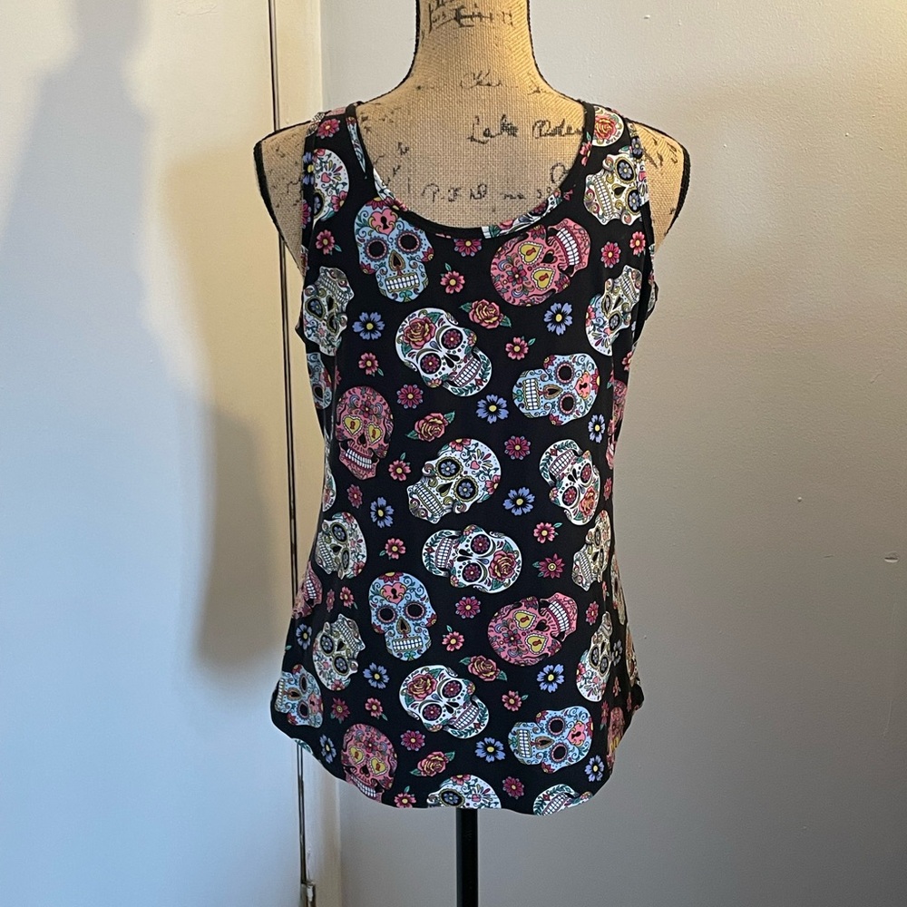 No Boundaries Black Tank Top with Colorful Sugar Skull Print - Picture 4 of 5
